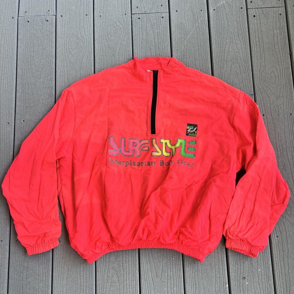 Vintage RARE Surf Style Windbreaker Coral 1/4 Zip Pullover Jacket Cotton Lining